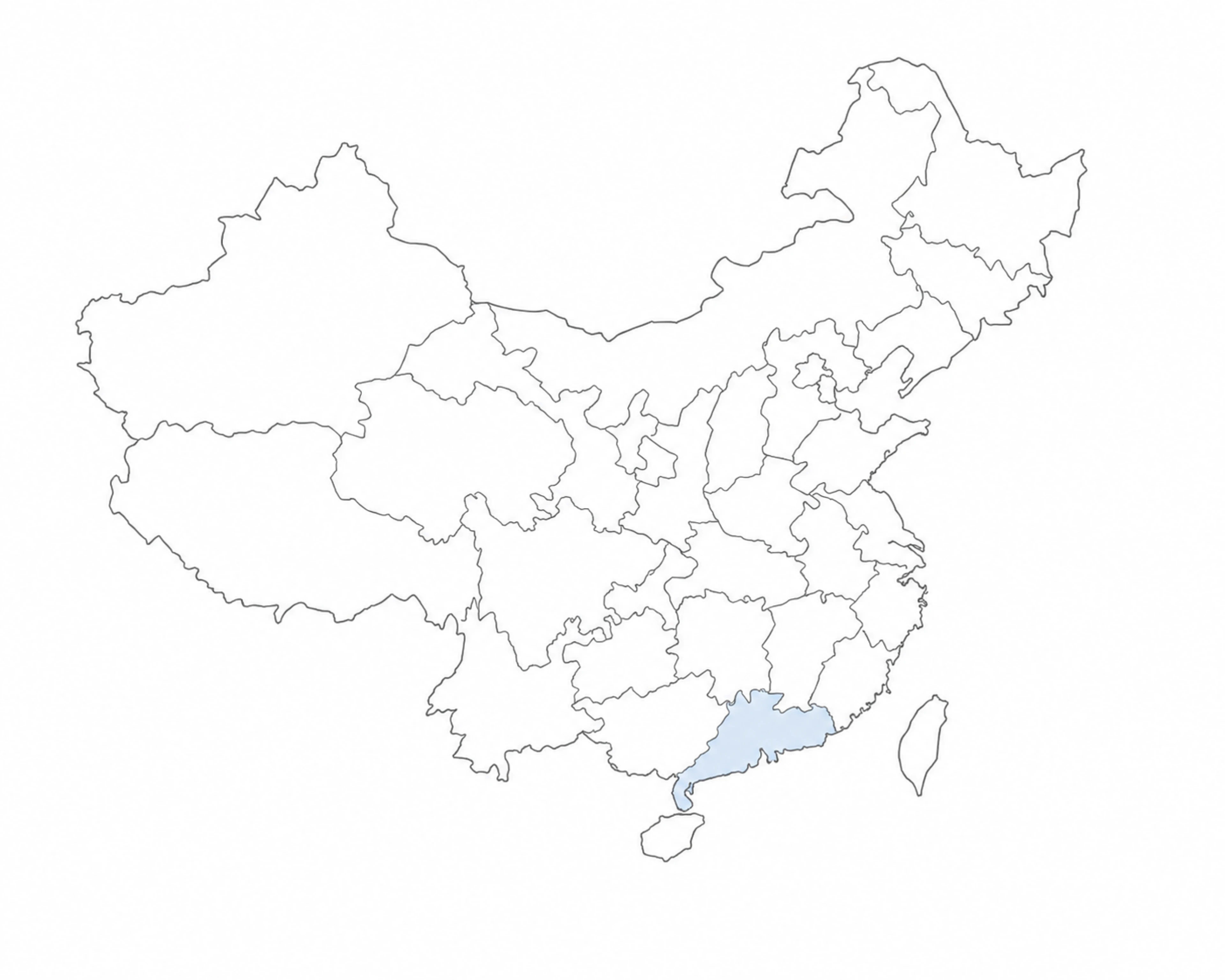 中国省级轮廓插图,广东以浅蓝色呈现